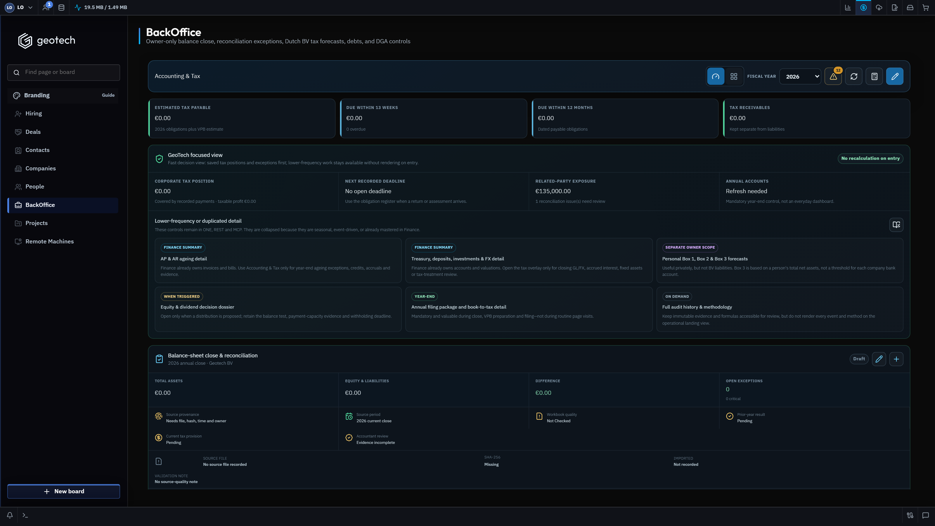 GeoTech ONE Accounting and Tax fiscal-year control workspace with synthetic data