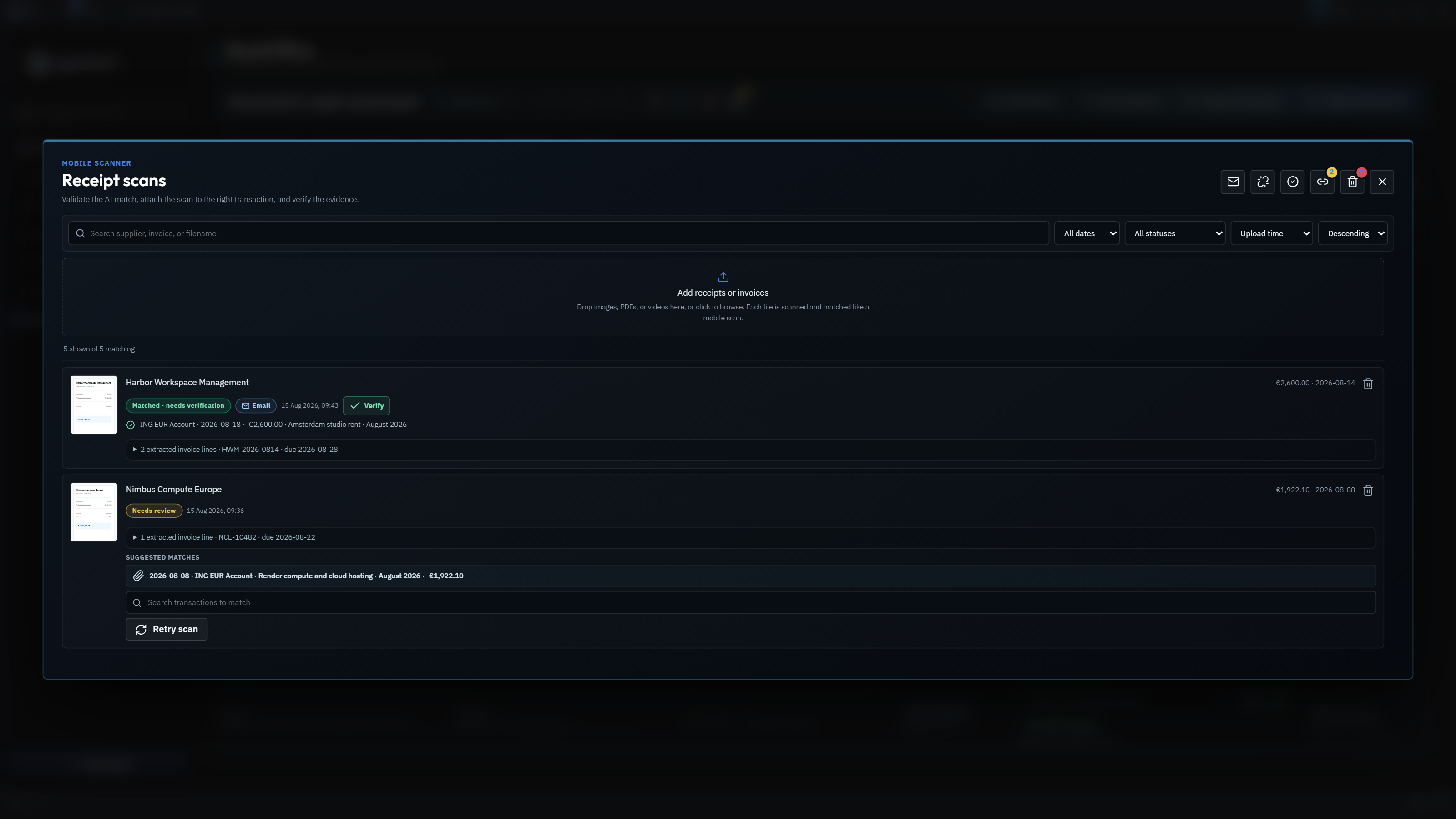 GeoTech ONE receipt and invoice review showing synthetic extracted document details and transaction matches