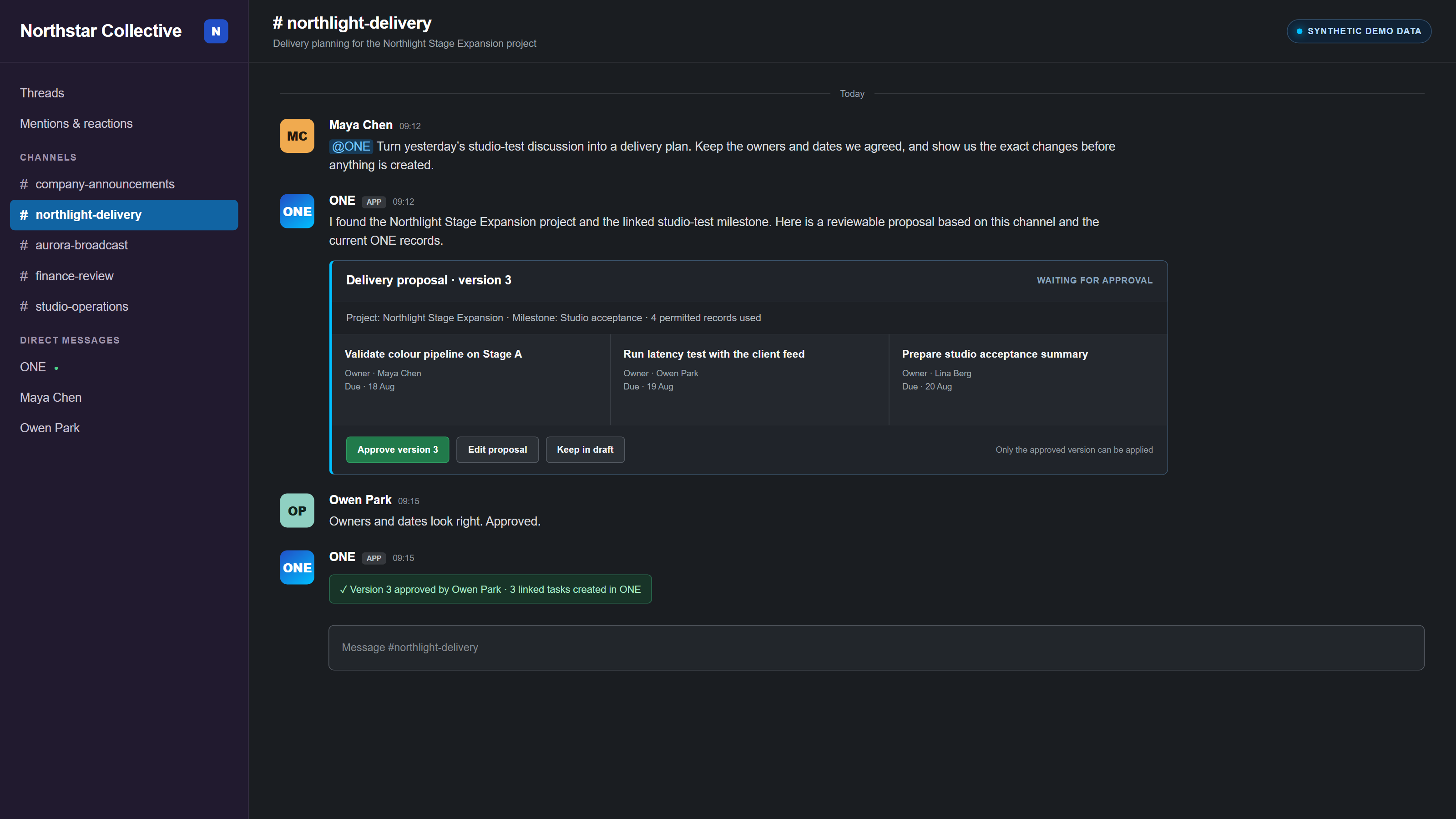 Synthetic Slack conversation showing the ONE bot preparing a versioned delivery plan for approval