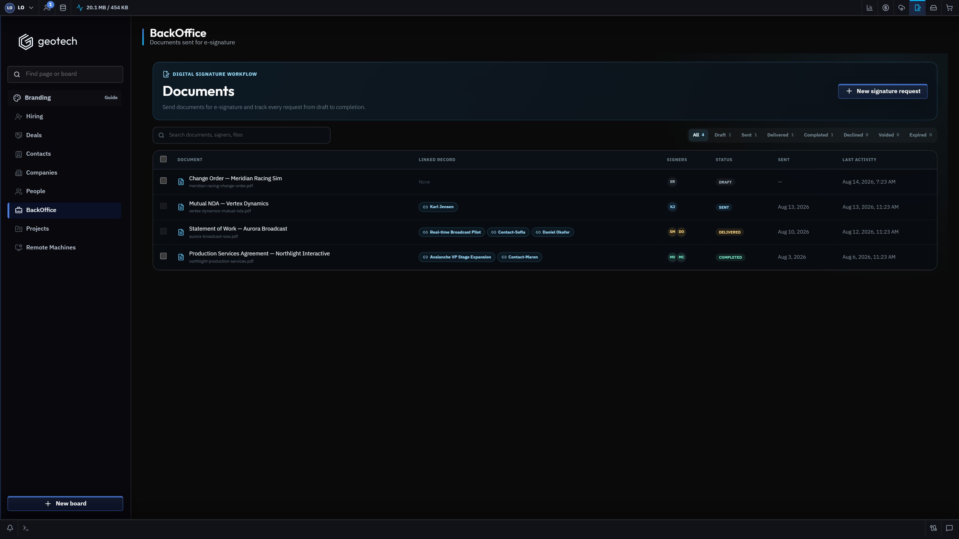 GeoTech ONE Documents signature request workspace with synthetic agreements