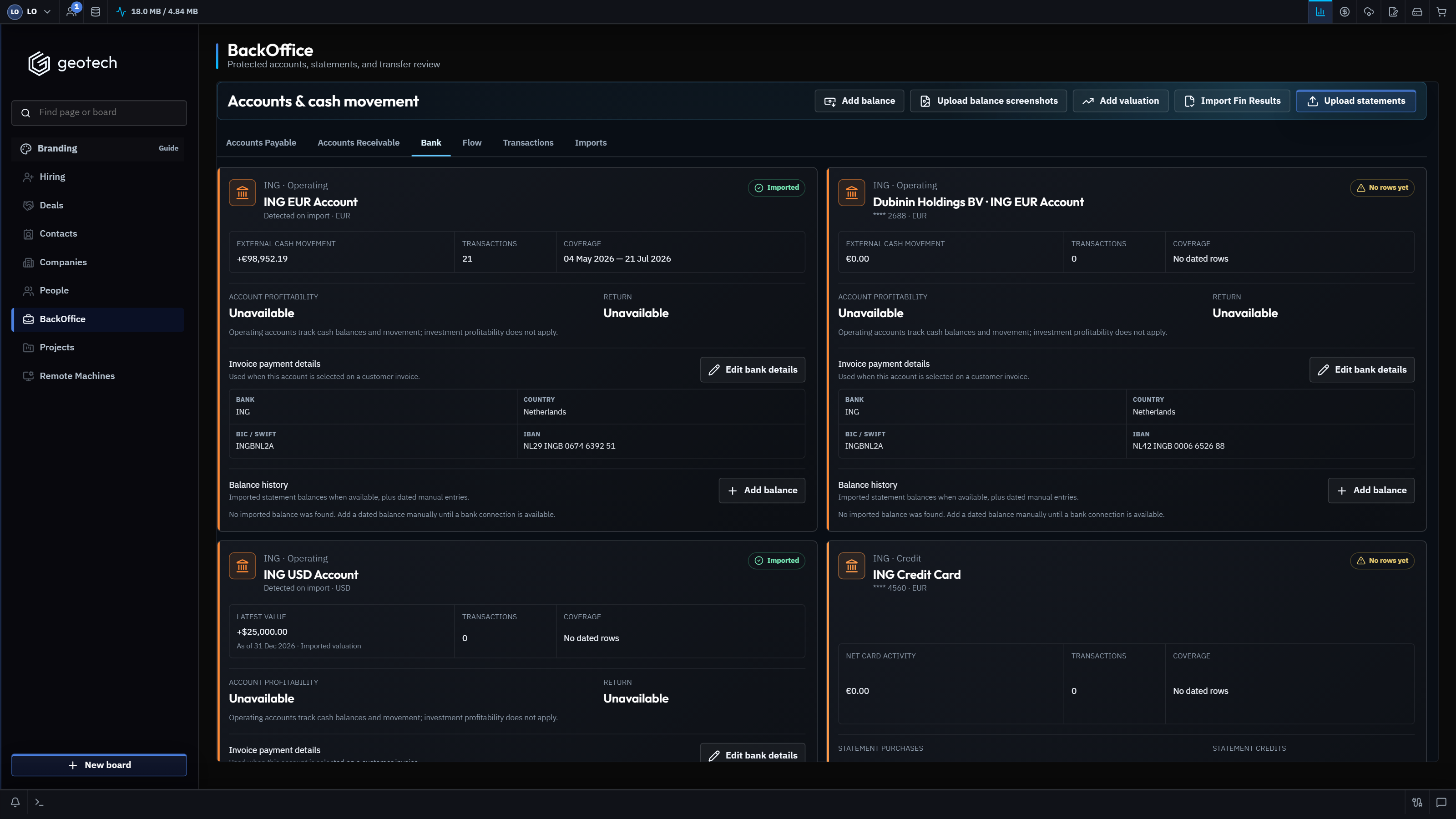 GeoTech ONE Finance overview with synthetic account and reconciliation data