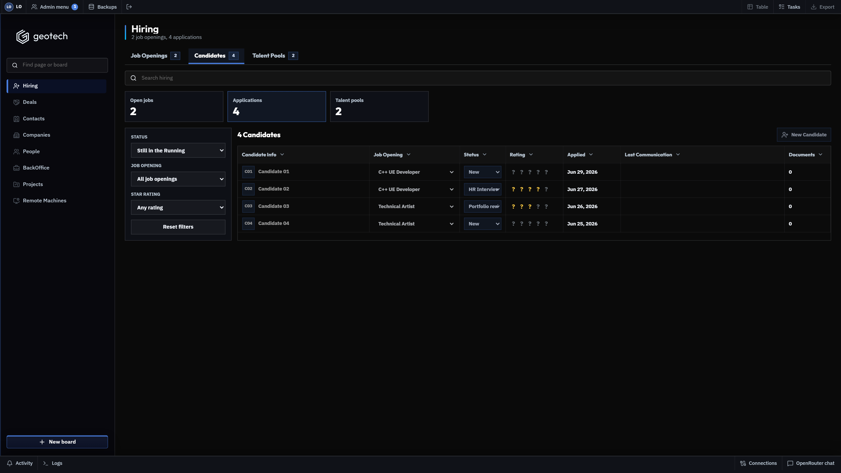 GeoTech ONE recruitment pipeline with synthetic candidate records