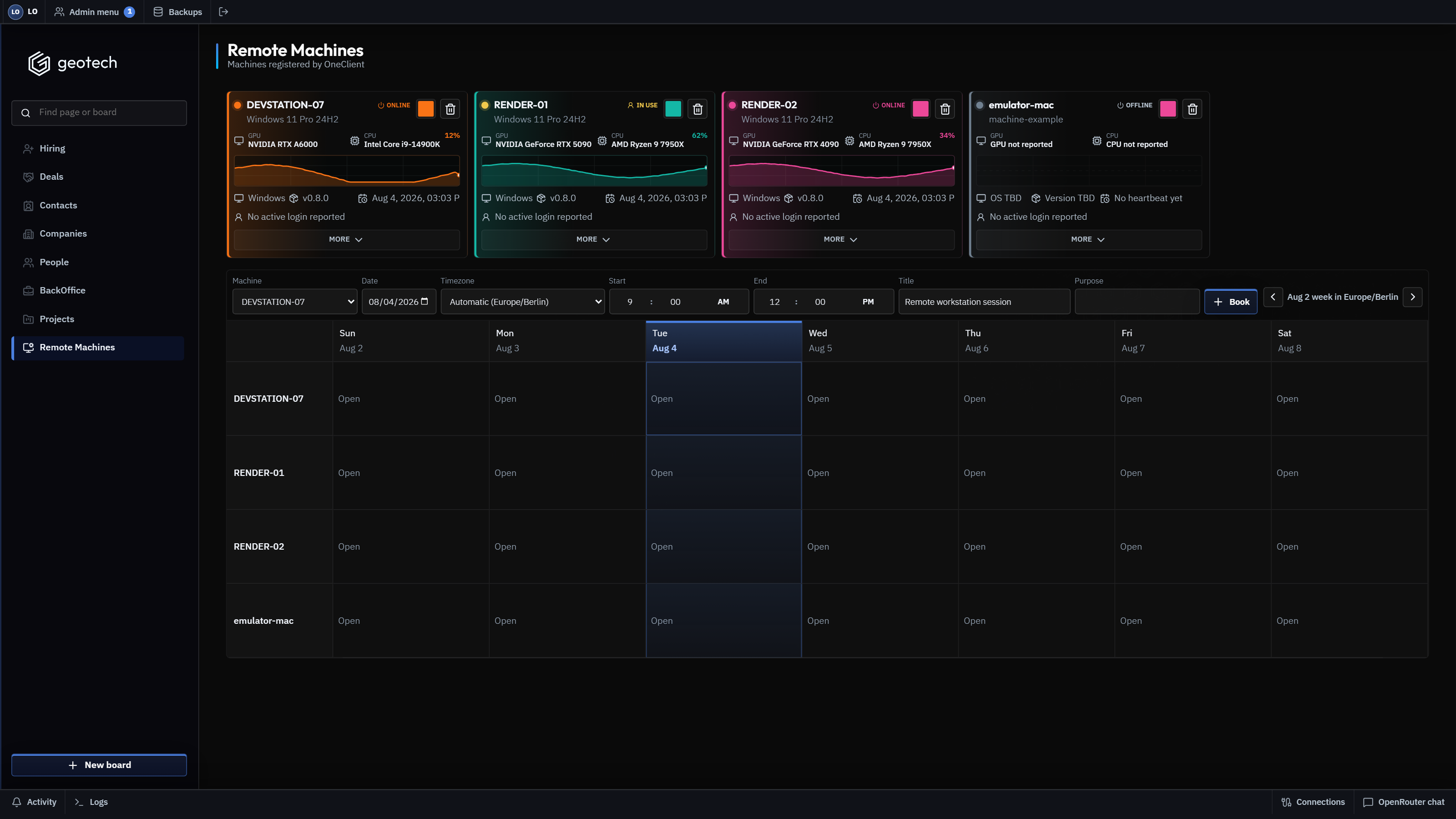 GeoTech ONE infrastructure scheduling with synthetic machine status and bookings