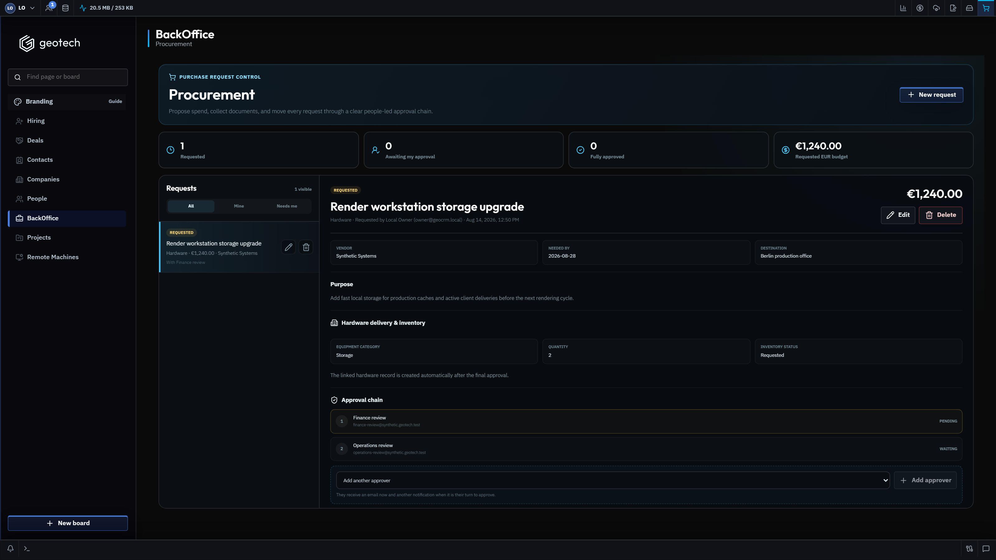 GeoTech ONE Procurement workspace with a synthetic approval request