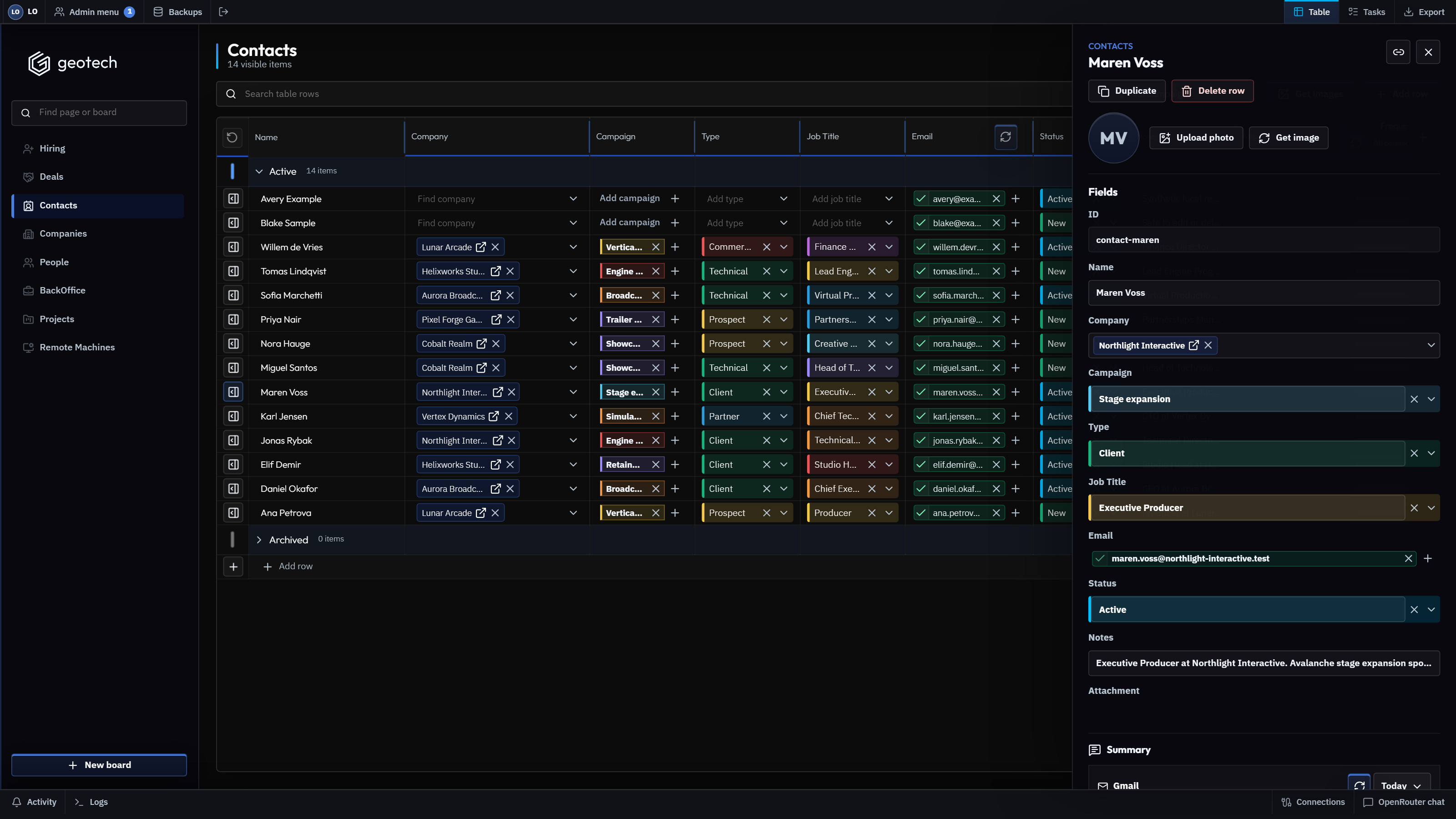 GeoTech ONE client relationship workspace with synthetic data